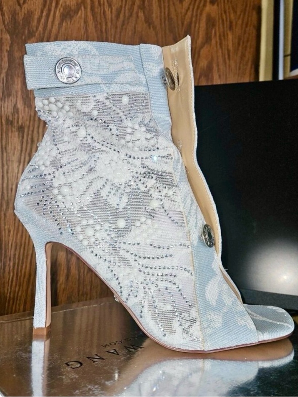 AKIRA Light Blue Embellished Peep-Toe Ankle Bootie